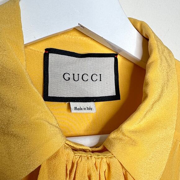 GUCCI Silk Ruffle Jabot Blouse Crepe De Chine Button Down Yellow {L49} - Picture 7 of 9
